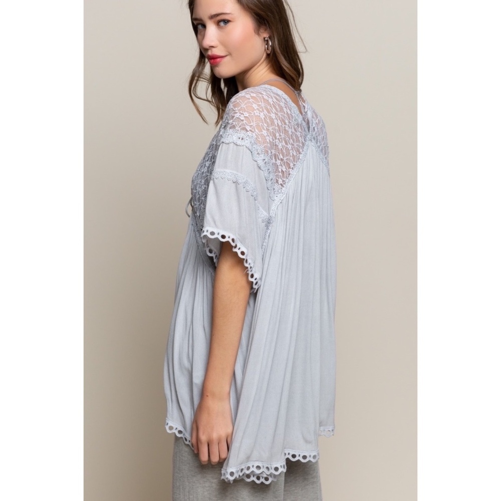 POL Light Grey Tassel Tie Rayon Gauze + Lace Kimono Cardigan - Picture 3 of 6